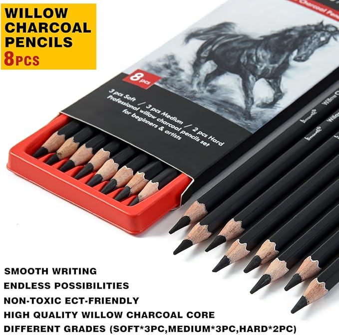 Brusarth Professional Charcoal Pencils Drawing Set - 8 Pieces Soft Medium and Hard Willow Charcoal Pencils for Drawing, Sketching, Shading