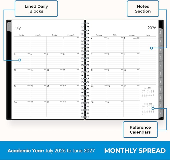 Blue Sky Weekly and Monthly Academic Year Planner Calendar, July - June, 8" x 10.875", Flexible Cover, Wirebound, Laminated Tabs, Pound (Dainian- 2026/2027, 8" x 10.875")