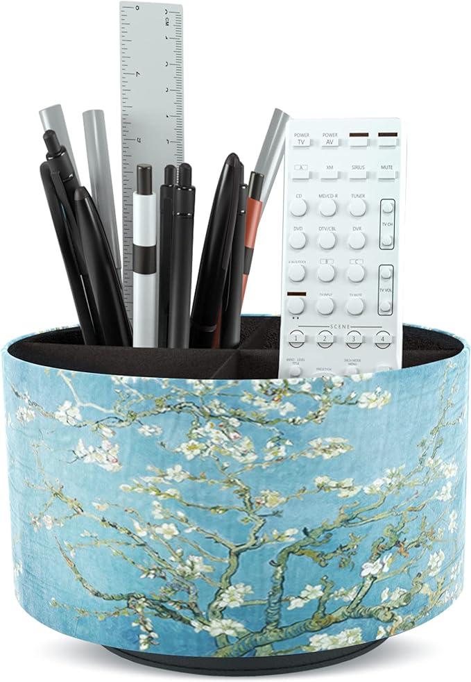Round Leather Art Supply Organizer,Remote Control Holder,360 Degree Rotating,Multi-Functional Pencil Holder,4 Compartments Desktop Stationary Organizer(1-Peach Blossom)