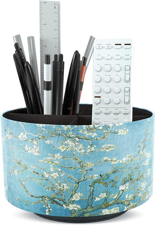 Round Leather Art Supply Organizer,Remote Control Holder,360 Degree Rotating,Multi-Functional Pencil Holder,4 Compartments Desktop Stationary Organizer(1-Peach Blossom)