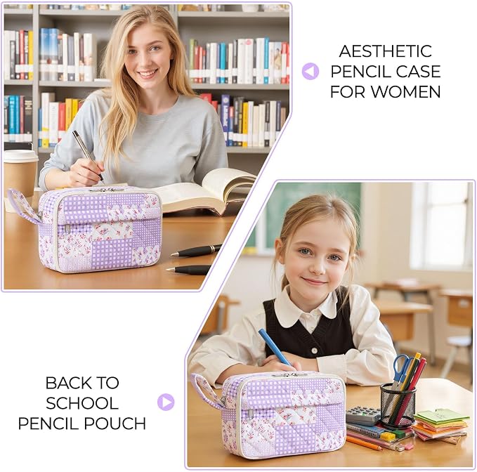 WOBAGMEN Quilted Pencil Pouch for Women, Large Capacity Pencil Case with Compartments, Cute Aesthetic Pencil Organizer, Floral Stationery Pouch（Purple Patchwork）