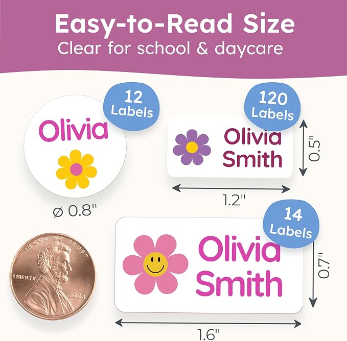 Personalized Daycare Name Labels for Kids [140pcs, Flowers] - Waterproof Name Stickers for School, Baby Bottles & Clothing - Custom Name Stickers - Washable Stick On Labels (Various Sizes) | Self adhesive and machine washable, name labels for kindergar...