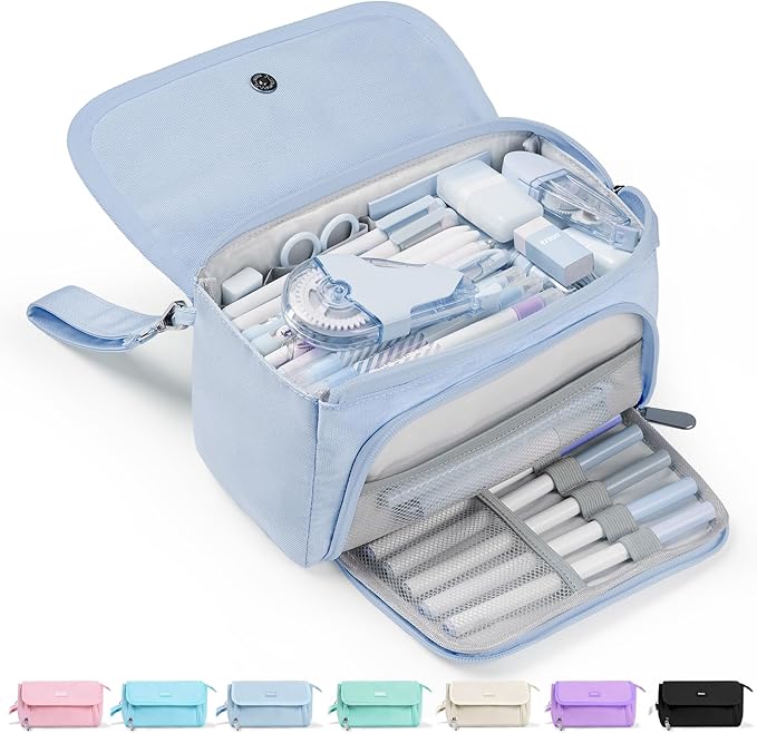 Sooez Super Large Pencil Case, Big Capacity Pencil Bag with 3 Compartments, can hold 100 pencils,Cute Pencil Pouch with Zipper,Portable Stationery Pen Bag,Aesthetic School Supplies For Girls,Haze Blue