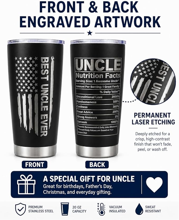 CYYFXKY Best Uncle Ever 20oz Stainless Steel Tumbler, USA Flag Funny Nutrition Facts Insulated Travel Mug, Father's Day Birthday Gift for Uncle Men