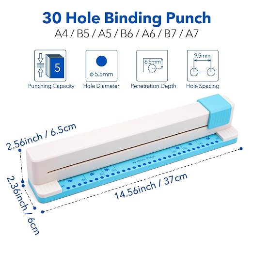 2 Pcs/Sets 30 Holes Binding Punch and Tab Machine, Loose Leaf Paper Punch Machine for Planner, A4 A5 A6 A7 B5 B6 B7 Book Binder Hole Puncher, DIY Tab Maker for Journals Notebooks Scrapbook Albums