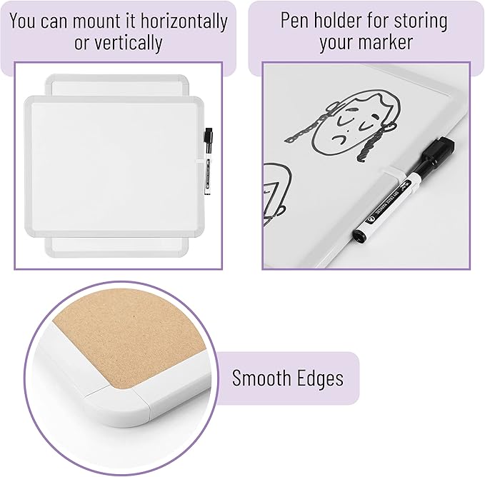Mr. Pen- Dry Erase Board, 14” x 11” with a Black Dry Erase Marker, White Frame, Small Mini White Board for Students, Fridge, Wall, Locker, Includes Double Sided Tapes