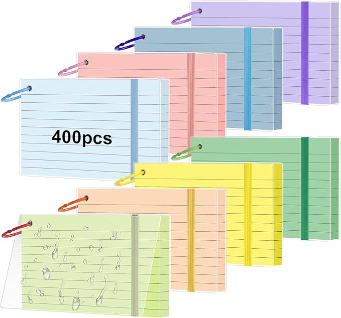 HAUTOCO 400 PCS Colored Index Cards 3x5 with Rings, Ruled Flashcards with Waterproof Covers, 8 Colors Note Cards for Studying, Vocabulary, Recipes, Office & School