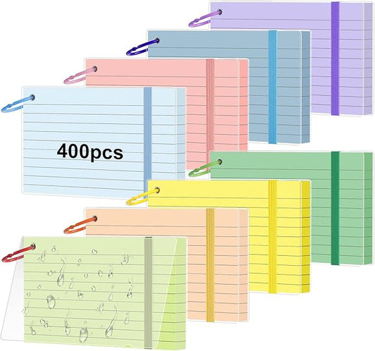 HAUTOCO 400 PCS Colored Index Cards 3x5 with Rings, Ruled Flashcards with Waterproof Covers, 8 Colors Note Cards for Studying, Vocabulary, Recipes, Office & School