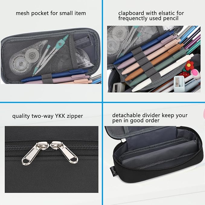 FlowFly Large Capacity Pencil Case for Kids, Boys & Girls – Zippered Multi-Functional Pen Pouch, Soft & Portable Pencil Bag for School, Teens, Students, Black