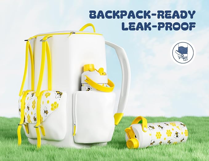 18 oz Cute Water Bottle for Kids: 2-in-1 Straw Spout Lid, Leakproof, Keep Cold 24H, BPA-Free, Backpack and Car Cup-Holder Friendly, Insulated Stainless Steel Cup for Birthday Gift (Sweet Hive)