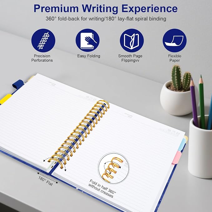 Spiral Journal Notebooks for Work, 300 Pages 5 Subject Notebook College Ruled with Dividers & Tabs, A4 Notebook Journal for Women Students Note-Taking and Organizer (Starlit Meteor)