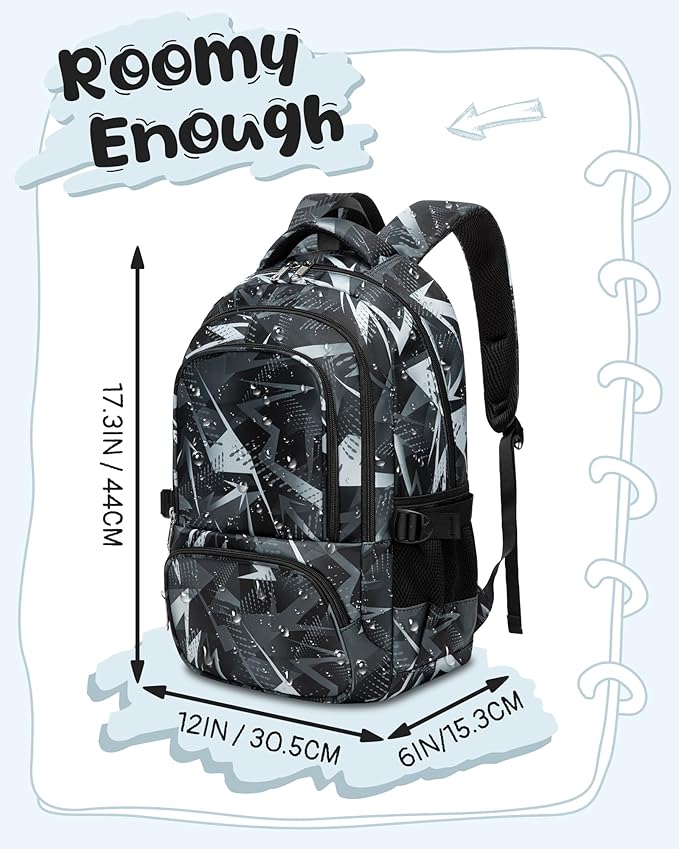 BLUEFAIRY Kids School Backpack for Boys Girls Ages 6-8 8-10 10-12 Elementary Middle School Book Bags with Laptop Compartment Mochilas Escolares para Niños Niñas de 8 10 12 Años (Black, Geometric)