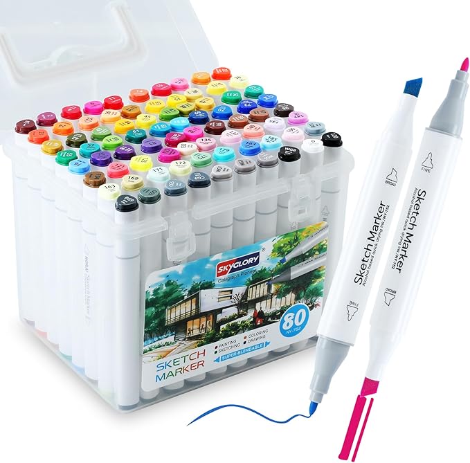 Alcohol Markers, 80 Colors Dual Tip Art Coloring Markers for Adult Coloring Books, Drawing, Sketching, Illustration with Carrying Case-White