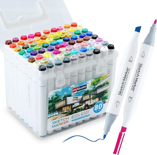 Alcohol Markers, 80 Colors Dual Tip Art Coloring Markers for Adult Coloring Books, Drawing, Sketching, Illustration with Carrying Case-White