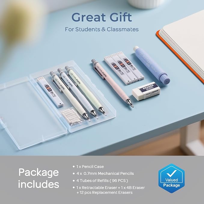 Nicpro Cute Mechanical Pencil Set, 4PCS 0.7mm Pastel Drafting Pencils | 4 Tube HB Lead Refills, 4B Erasers, Rotary Retractable Eraser and Eraser Refill for Writing Sketching Back to School Supplies