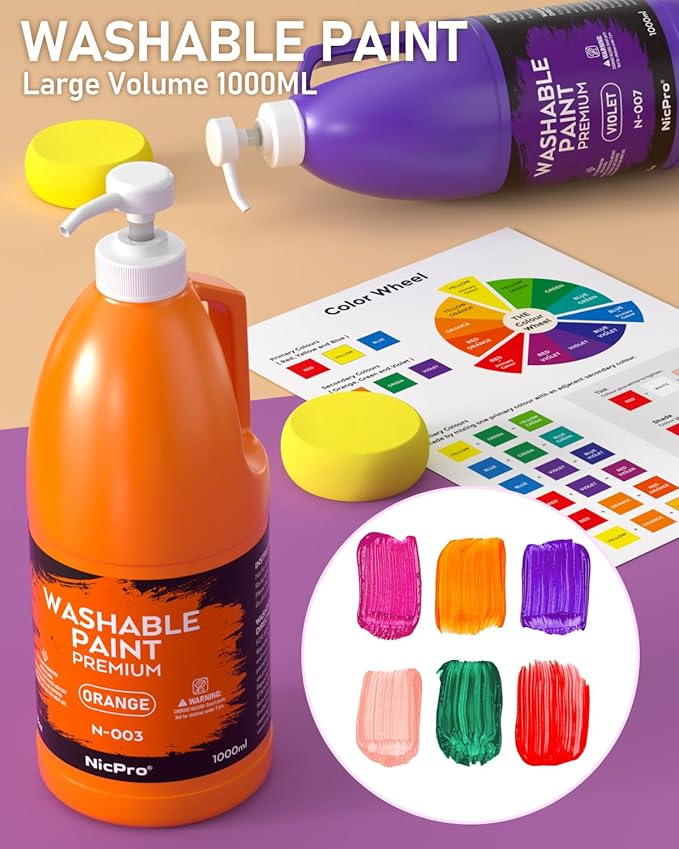 Nicpro 14 Colors Large Washable Paint Set (33.8 oz), Acrylic Bulk Paint Supplies Non Toxic Children Tempera Paint for Art, Craft DIY, Poster & Finger Paint, School, Home,Teacher Classroom Must Haves