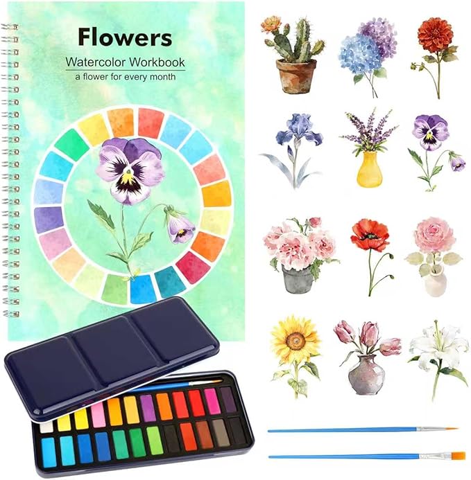 Floral Watercolor Workbook for Beginners with 24 Colors Paint Set – Water Coloring Book with 12 Flower Designs, Step-by-Step Painting Guide, Relaxing Watercolor Workbook Art Kit for Adults