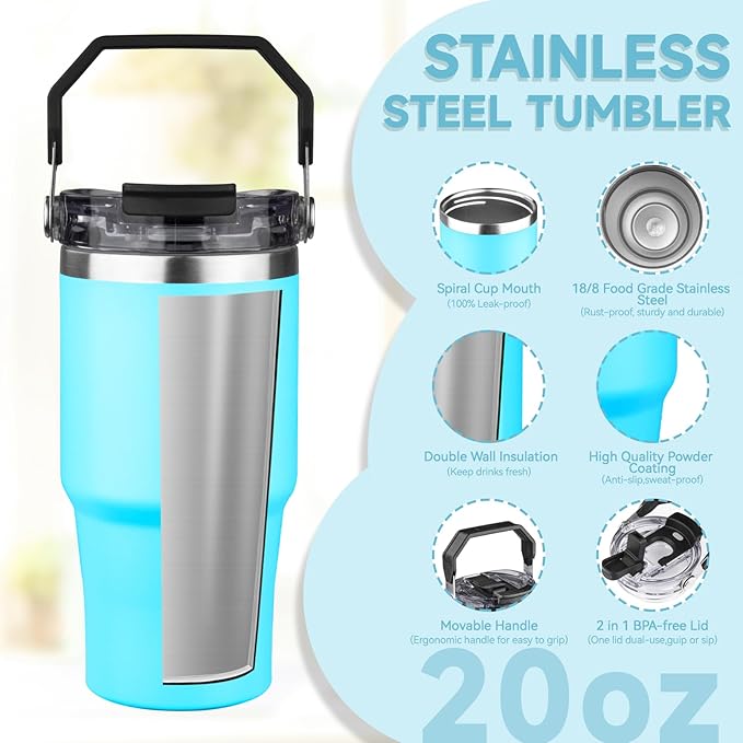 20oz Tumbler with Handle and Flip Straw Lid Double Wall Insulated Travel Coffee Mug Stainless Steel Vacuum Insulated Coffee Tumbler Cup for Hot and Cold Beverages,Leak-proof&BPA-free（20oz,Baby blue）