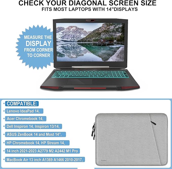 Laptop Case 14 inch, Shockproof Protective Computer Bag with Accessories Pocket, Portable Laptop Sleeve Compatible for 14 inch MacBook Air/Pro, Dell, HP, Acer, Asus, Lenovo, Gray