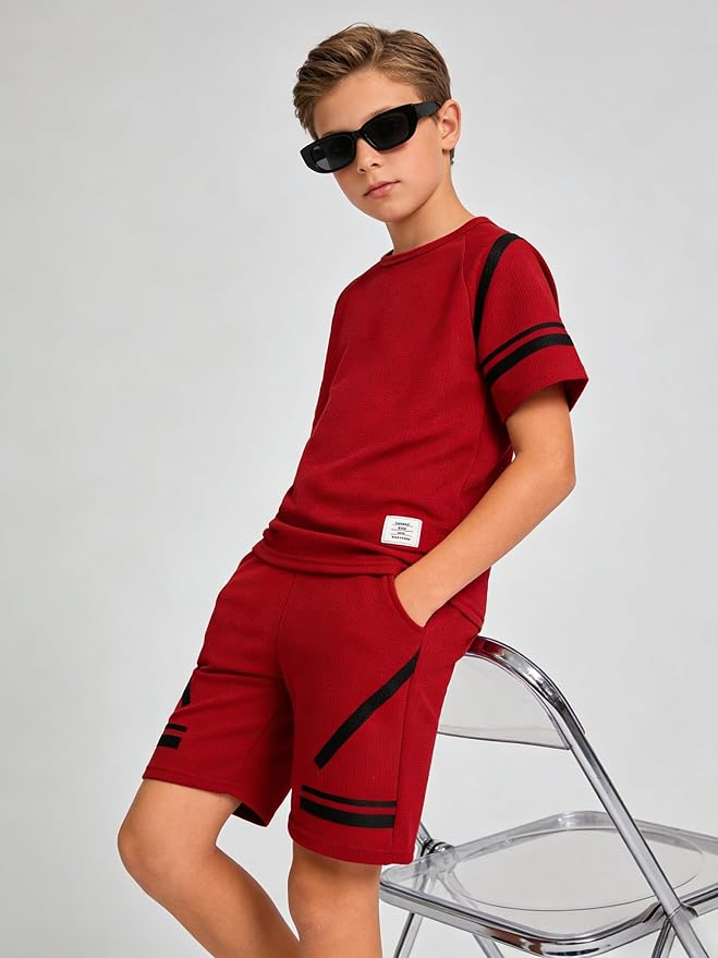 Cakaner Tween Boys Clothes Summer Simple Print T-Shirt And Shorts Set 2 Pieces Teen Trendy Outfits Size 7-14 Year
