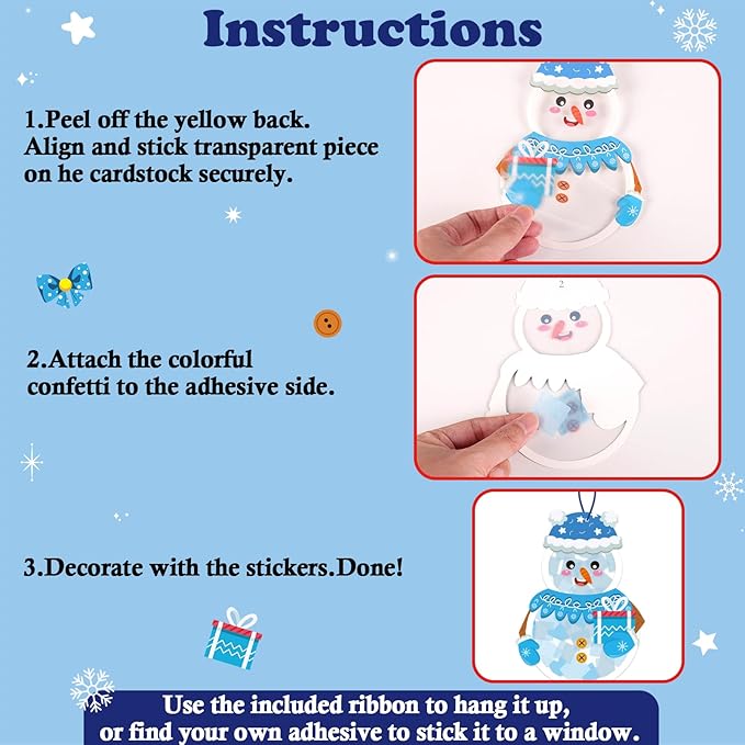 Renbuzhu 42PCS Winter Crafts Bulk: Snowman Paper Suncatchers DIY Kit for Christmas Holiday Activities Decorations, Window Stained Glass Effect Art Ornaments