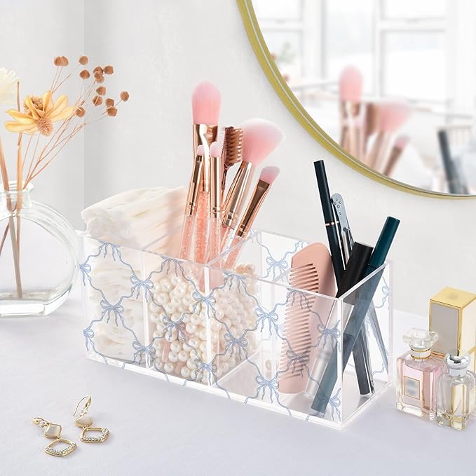 Aslsiy Cute Blue Coquette Bow Pen Holder White 4 Compartments Acrylic Pencil Holder Clear Makeup Brush Holder Desk Organizer Office Supplies