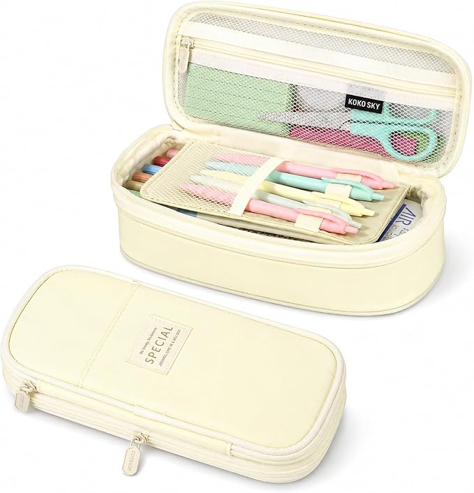 PUPTILY Pencil Case, Large Capacity Aesthetic Pencil Cases with Durable Zipper, Big Stationery Pencil Pouch for Women & Men, Adults Portable Storage Organizer Bag for College, Office, Travel (Beige)