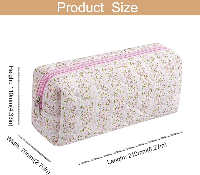 Cute Floral Cotton Makeup Brush Cosmetic Bag for Women, Travel Quilted Zipper Make Up Bag, Flowers Toiletry Organizer Case Kawaii Makeup Cosmetic Travel Cloth Pouch (Pink+Big Red Floral)