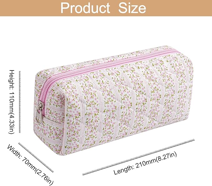 Cute Floral Cotton Makeup Brush Cosmetic Bag for Women, Travel Quilted Zipper Make Up Bag, Flowers Toiletry Organizer Case Kawaii Makeup Cosmetic Travel Cloth Pouch (Pink Floral)