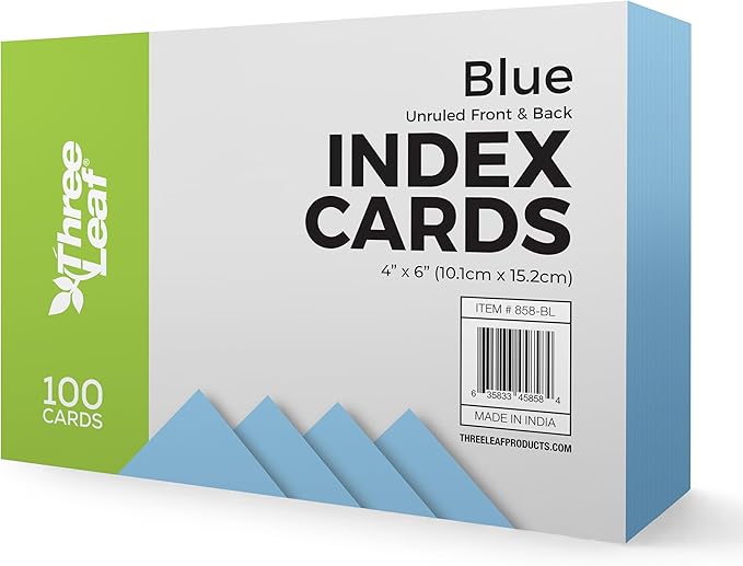 THREE LEAF 4 X 6, INDEX CARDS UNRULED, 100 CT. BLUE, Blank Flash Cards, Study Card, Memo Pad, For To-Do List, Art And Craft Projects