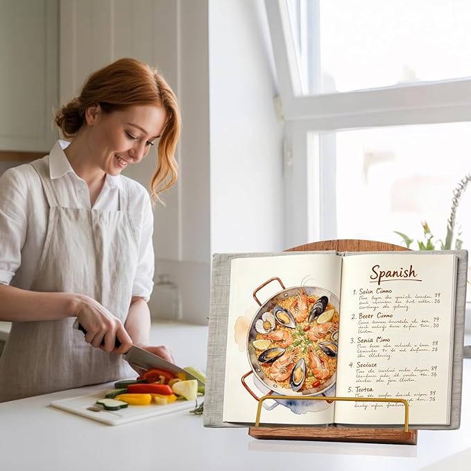 Wooden Cookbook Stand for Kitchen Countertop: Folding Wood Recipe Holder, Ergonomic Reading Stand for Large Hardcover Books and iPad, Ideal Gift for Mom and Grandma, Stable Non-Slip Desktop Bookrest