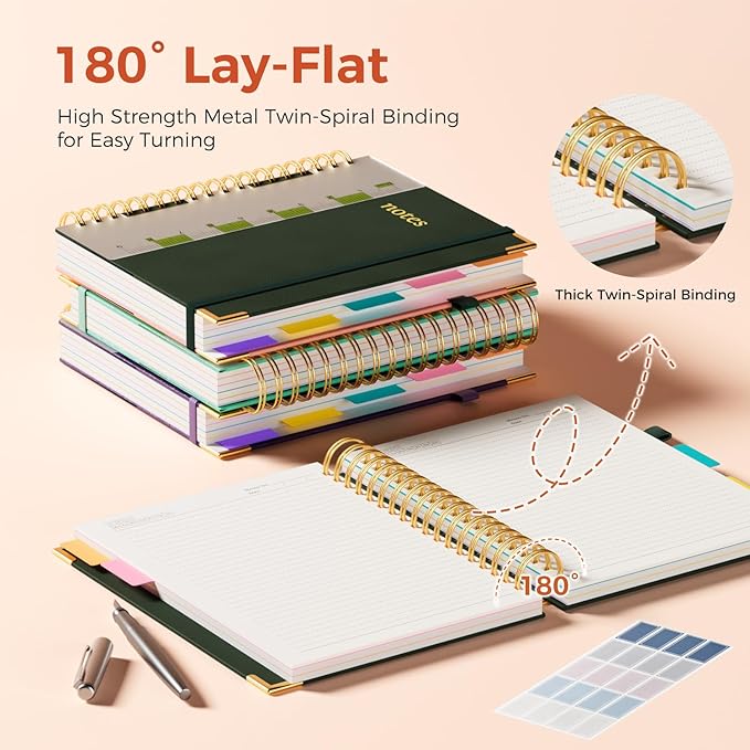 Line Hardcover Spiral Notebook with Removable Dividers Tabs & Ruler, 5 Subject Notebook College Ruled, 300 Page, Large 8"x10" B5 Notebooks for Work School, Lined Journal for Women & Men, Green