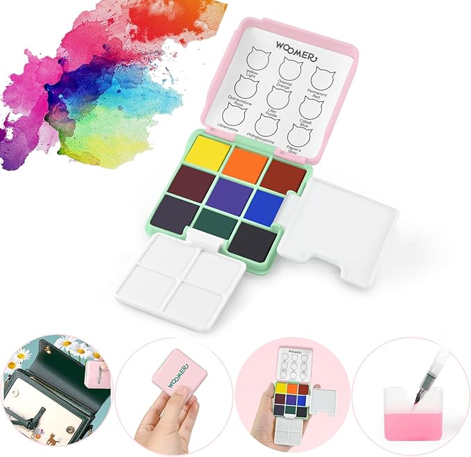 Woomer 9 Colors Watercolor Paint Set Pocket Perfect Travel Watercolor Set with 2 Foldable Watercolor Palettes for Beginner, Artists, Amateur Hobbyists and Painting Lovers