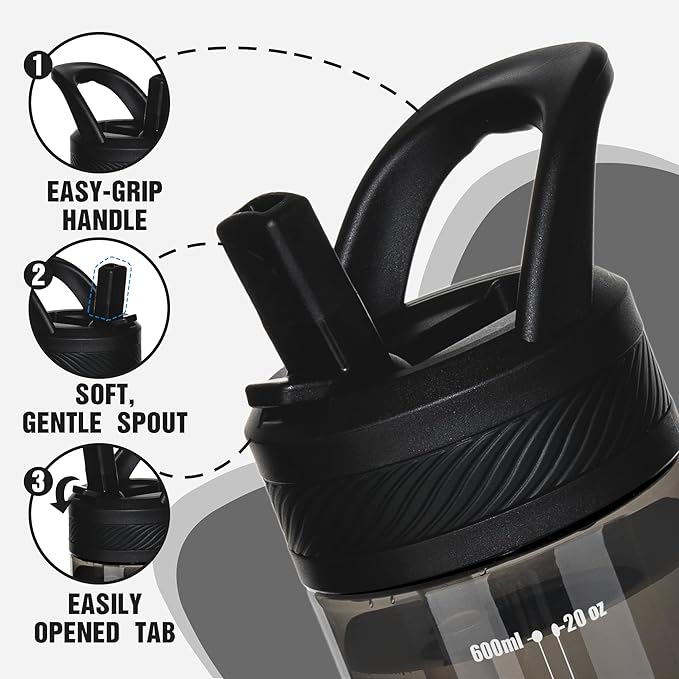 OLDLEY 20oz Kids Water Bottle with Straw, BPA-Free Tritan Water Bottle for School, Leakproof Clear Water Bottle with One Click Open, Measurement Scale, Cup Holder Friendly for Boys Girls,Black