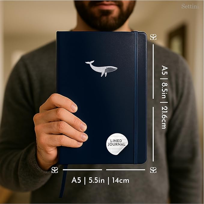 SETTINI Lined Journal, Ideal for Journaling - A5 Vegan Leather Notebook, 192 Archival-Quality Pages, QuillEase Bleed-Free Paper, Inner Pocket & Bookmark - Whale Gifts, Navy Whale