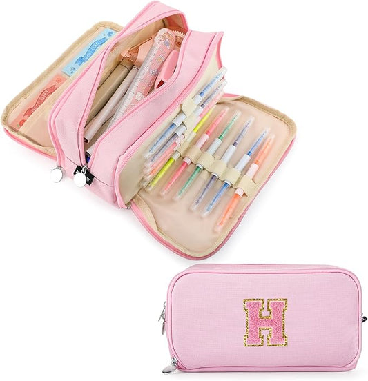Extra Large Capacity Pencil Case 3 Compartment Initial Pencil Pouch Personalized Cute Aesthetic Stationery Pen Case Bag for School Teen Girl Boy Men Women Gift (H, Pink)