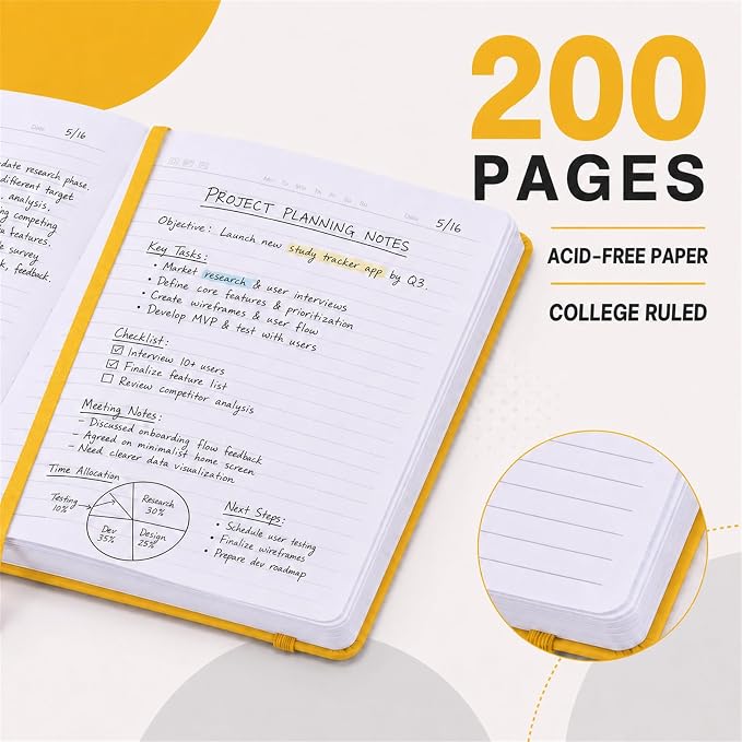 SUIN A5 Hardcover Lined Journal Notebook, 200 Pages, Yellow, 1 Pack