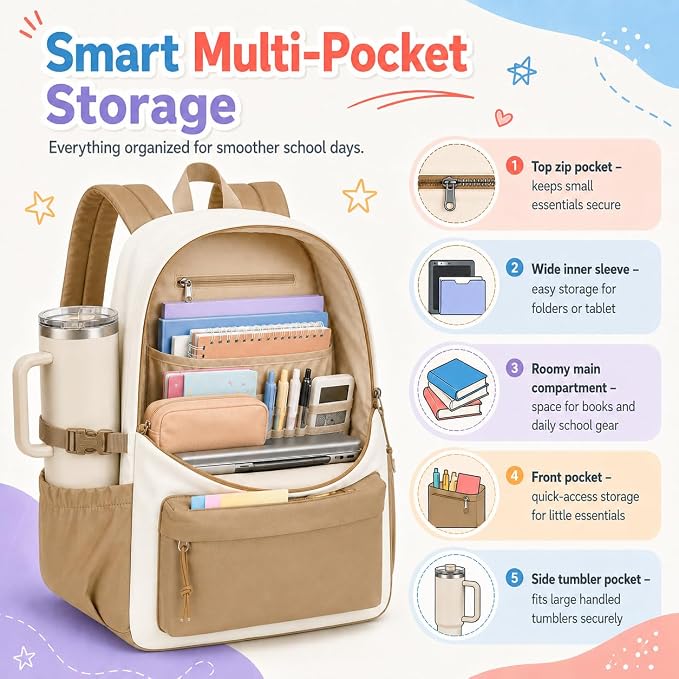 LOIDOU Backpack for Girls School Backpacks Bookbags for Elementary Middle School Women Laptop Backpacks (Brown Beige, L-17)