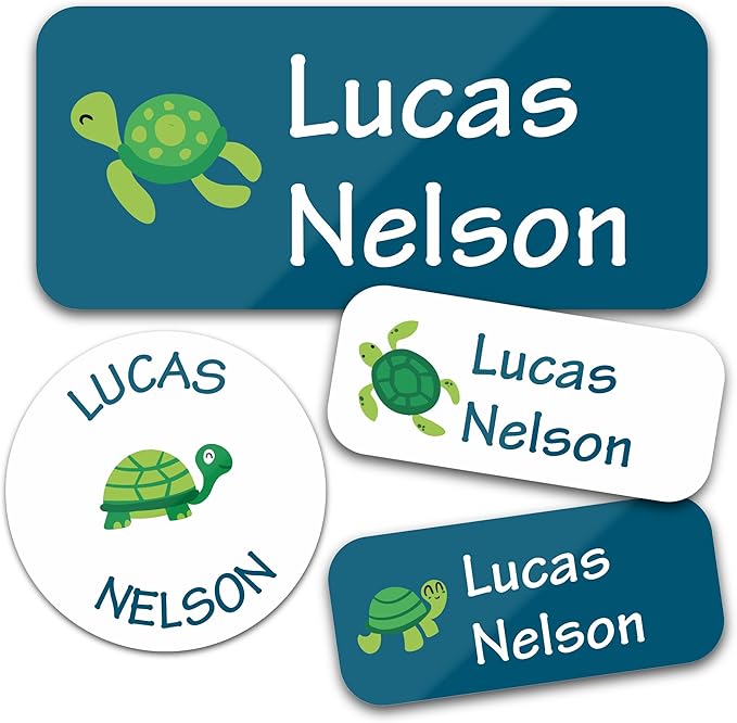 Bunny Badges Personalized Daycare Name Labels for Kids (130 Labels) - Custom Waterproof Name Stickers for Clothing Tags, Water Bottles, Lunch Boxes and School Supplies (Turtles)