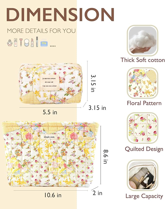 Sminra 2 Pieces Floral Makeup Bag, Cute Travel Quilted Pouch Cosmetic Bag Organizer, Small Cotton Coquette Aesthetic Purse Toiletry Bag for Women Girls accessories (Beige Flower-2PCS)