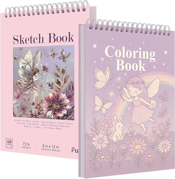 Fuxi Coloring Books for Girls, 60 Sheets (73lb/120gsm) Blank Sketch Book + 50 Designs Blank Coloring Book, Stocking Stuffers for 8-12 Girls.