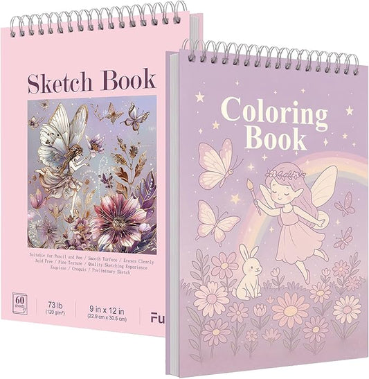 Fuxi Coloring Books for Girls, 60 Sheets (73lb/120gsm) Blank Sketch Book + 50 Designs Blank Coloring Book, Stocking Stuffers for 8-12 Girls.