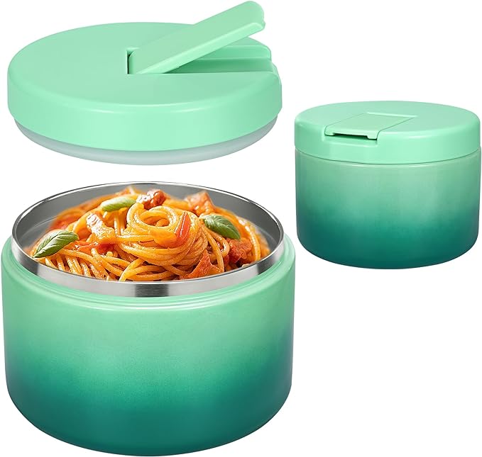 Pawtong 12oz Insulated Vacuum Food Jar with Buckle Lid Wide Mouth Soup Thermo for Hot Food Kids Leakproof Stainless Steel Lunch Container (Gradient Green, 12OZ)
