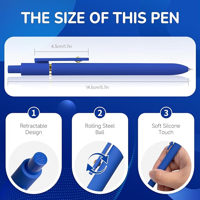 YOXMJDB 6 Pcs Blue Ink Pens for Journaling 0.5mm Fine Point Blue Gel Ink Pens, Smooth Writing Quick Dry Pens for Note Taking, Gift Set for Women & Men (6 Pcs Blue Gold)