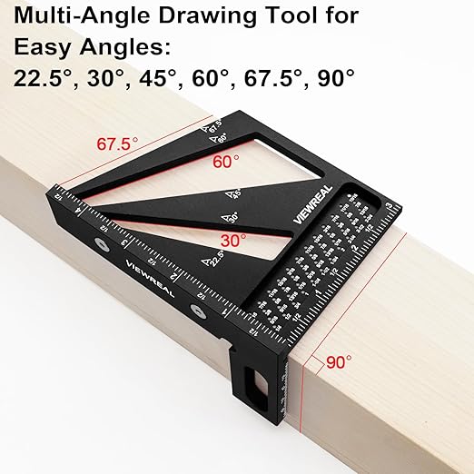 Multi-Angle Measuring Ruler,3D Woodworking Square, 22.5-90 Degree Aluminum Alloy Protractor for Precision Carpentry, Engineering & DIY Projects, Laser Etched, Durable, Portable - Black