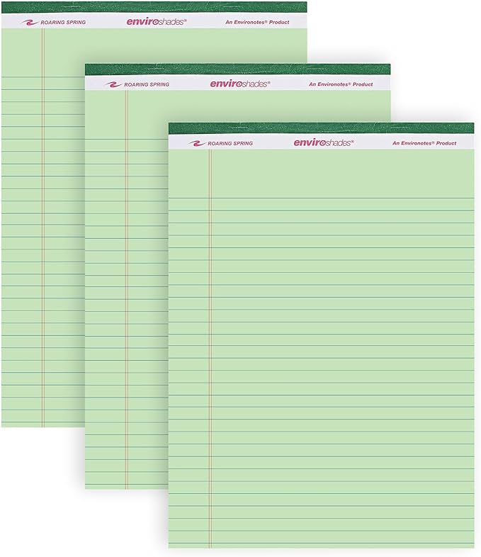 Roaring Spring Enviroshades Green Legal Pads, 3 Pack, Legal Ruled Recycled Colored Writing Note Pads, 8.5" x 11", 50 Sheets, Perforated Paper, Made in USA, Memo Pad For School & Office