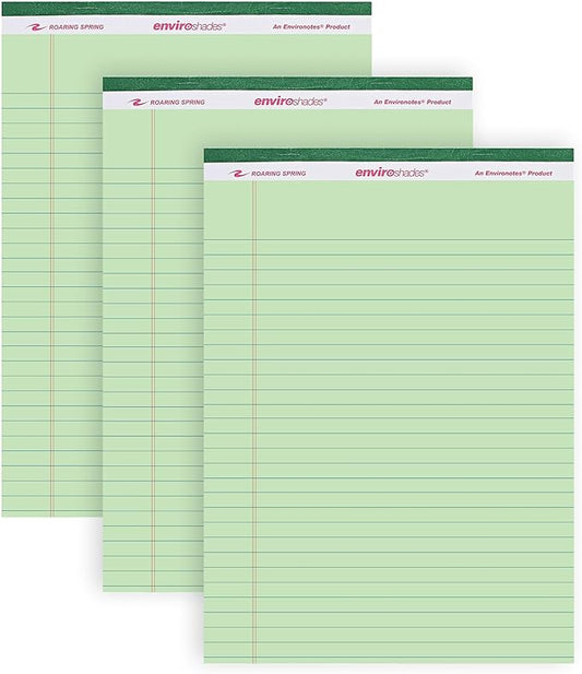 Roaring Spring Enviroshades Green Legal Pads, 3 Pack, Legal Ruled Recycled Colored Writing Note Pads, 8.5" x 11", 50 Sheets, Perforated Paper, Made in USA, Memo Pad For School & Office
