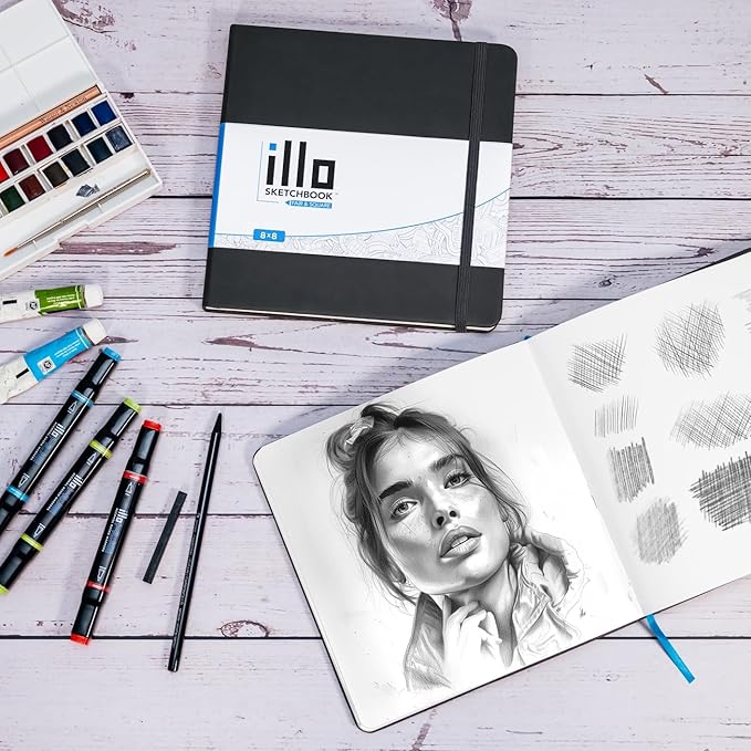 illo Sketchbook 8’’ x 8’’ Square Hardcover Sketch Book, (112lb/180gsm) Heavyweight Paper, Ribbon Marker, Back Pocket, Lays Flat, Minimal Bleed, Vegan, for Artists & Beginners