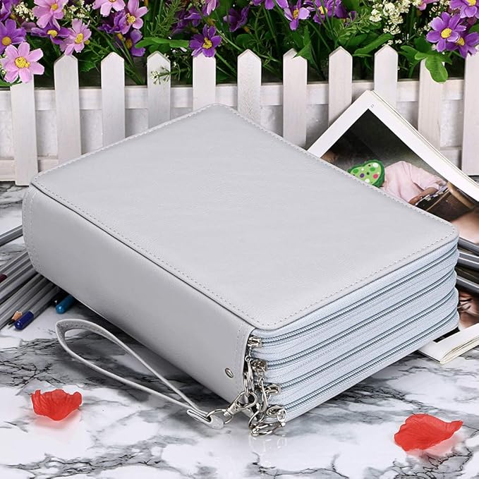 BTSKY 200 Slots Colored Pencil Organizer - Deluxe PU Leather Pencil Case Holder With Removal Handle Strap Pencil Box Large for Colored Pencils Watercolor Pencils Grey