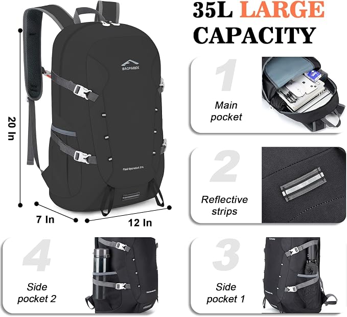 BAGPARKK 35L Ultra Lightweight Foldable Packable Hiking Backpack | Travel Backpack, Survival Whistle, Water-Resistant, Camping Daypack, Outdoor Sports, 0.88 pounds, Men & Women